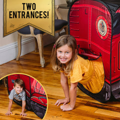 Sunny Days Entertainment Hogwarts Express pop up train with roll-up door for supervision.