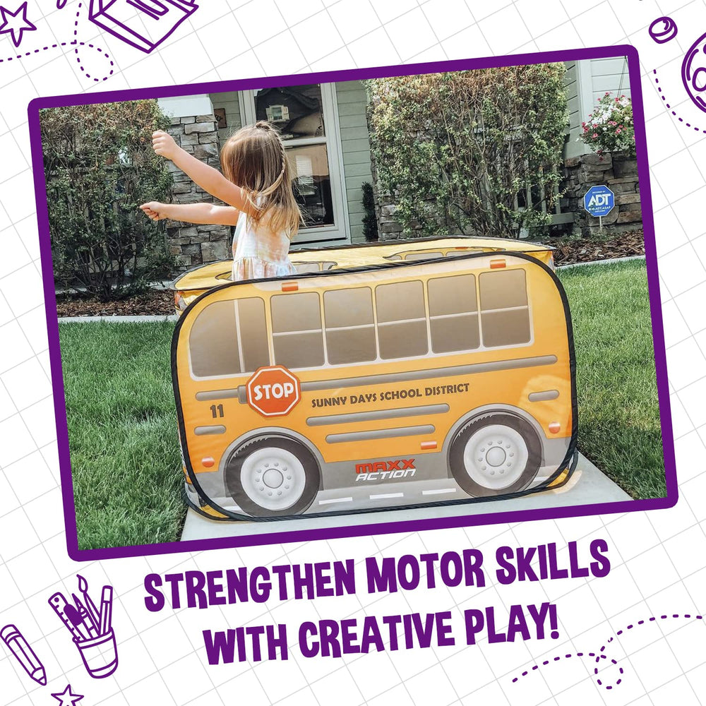 Sunny Days Pop Up School Bus folded storage; compact design for quick setup and put-away