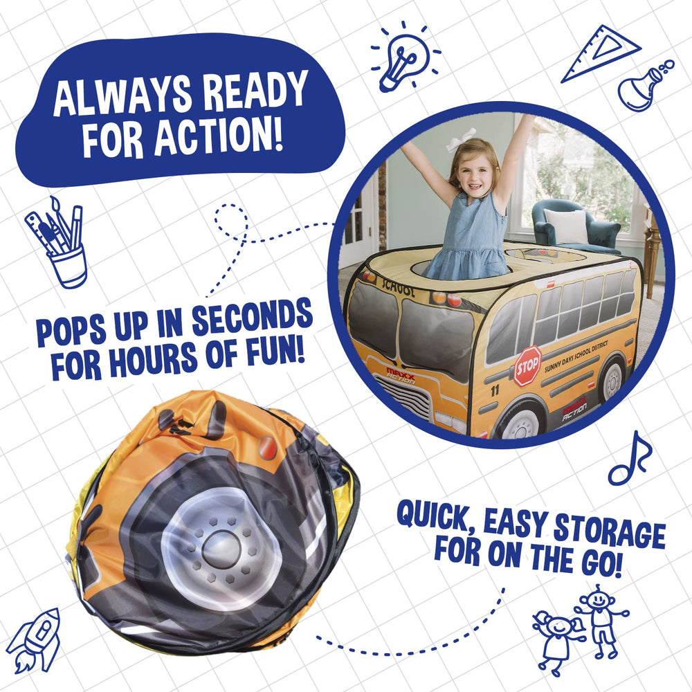 Sunny Days Pop Up School Bus roof openings; peek-through fun during pretend trips
