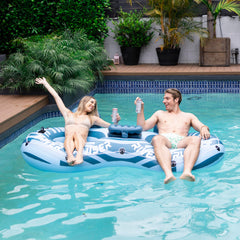 Sunrio heavy-duty river tube with cooler, side view ready for river lounging.