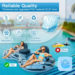 Sunrio river tube on calm water with lake scenery and lounging setup.