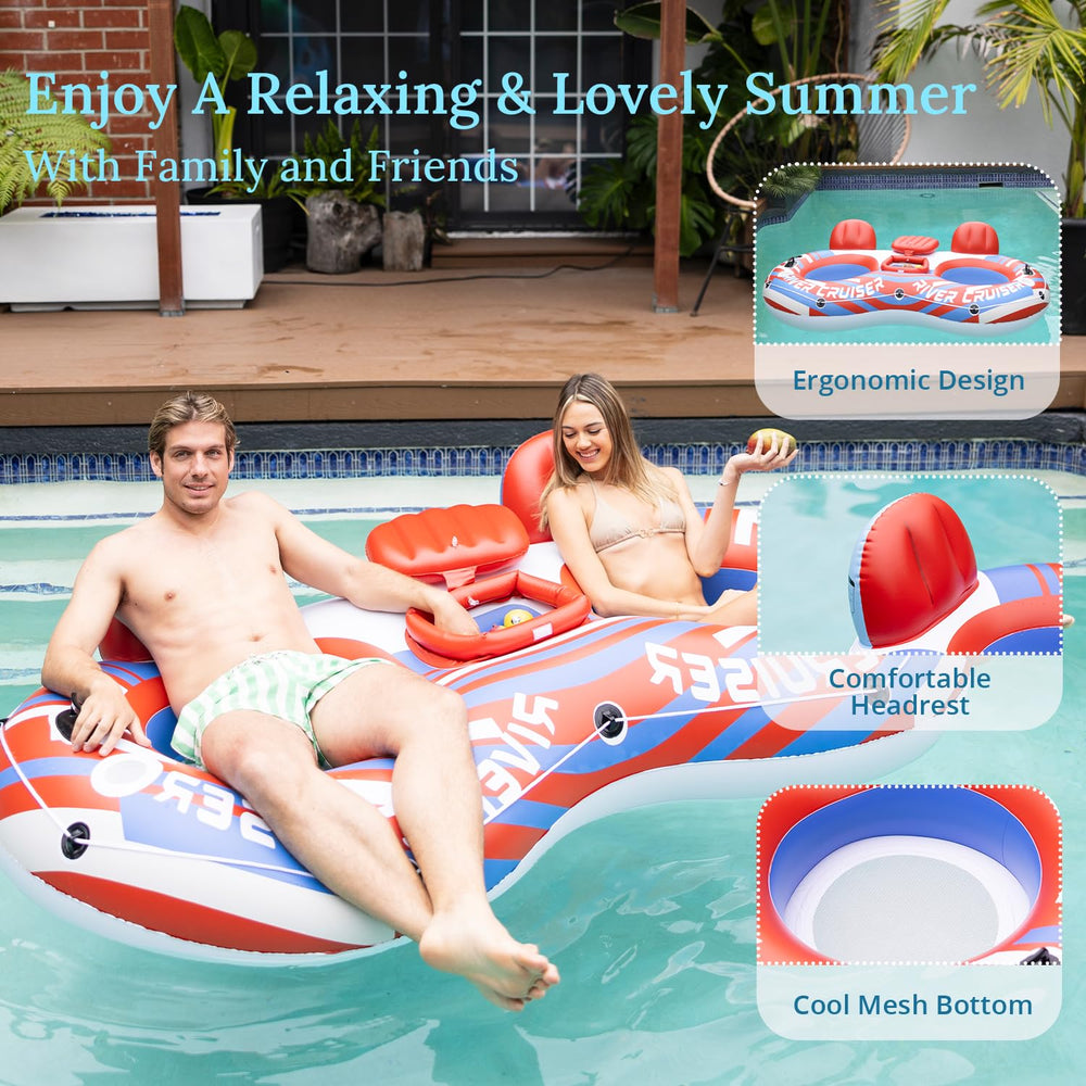 Sunrio inflatable water tube features quick inflation and deflation valves for easy setup.