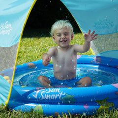 SunSmart removable UPF50 sunshade on the kiddie pool for sun protection.