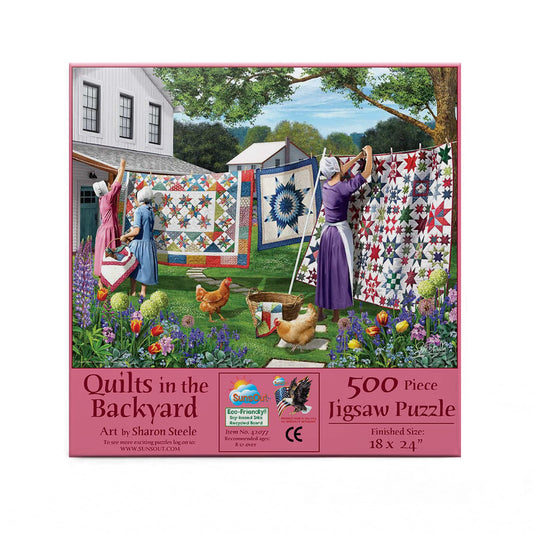 SunsOut Quilts in the Backyard puzzle box front, premium quality ideal for gifting.