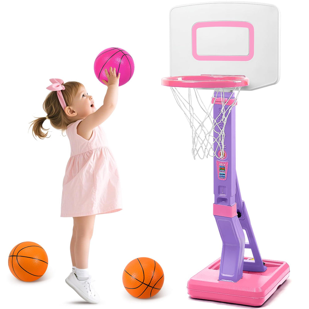 SUPER JOY toddler pink basketball hoop with a stable base for safe indoor and outdoor play.