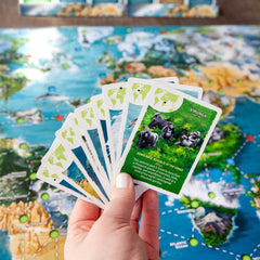 Super Meeple Expeditions location cards showcase vibrant artwork and real-world destinations.