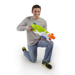 Super Soaker Barrage distance-range demonstrates long-range soaking up to 38 feet.