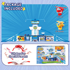 Super Wings Donnie mini-transforming figure docks into the planes for rotating adventures.