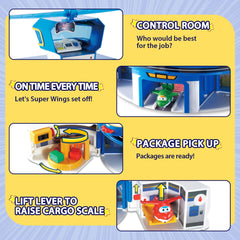 Super Wings Jett mini-transforming figure fits in the lift for quick missions.