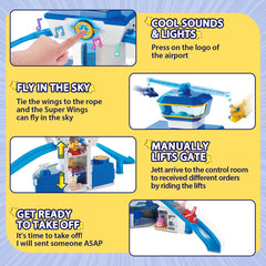 Super Wings World Airport Playset control tower lights and sounds boost playtime realism for kids.