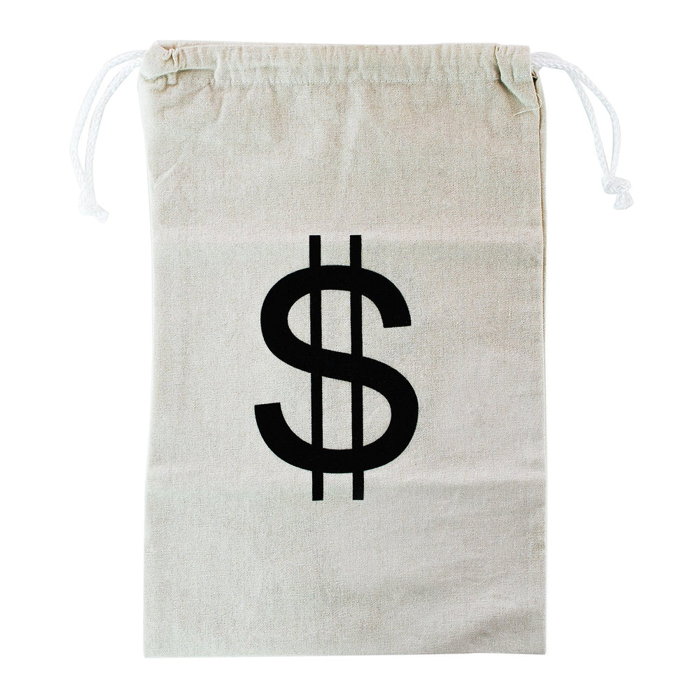 Super Z Outlet money bag with drawstring and dollar sign seen from the back for storage ideas.