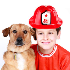 Super Z Outlet firefighter hat worn by child, easy dress-up for parties.