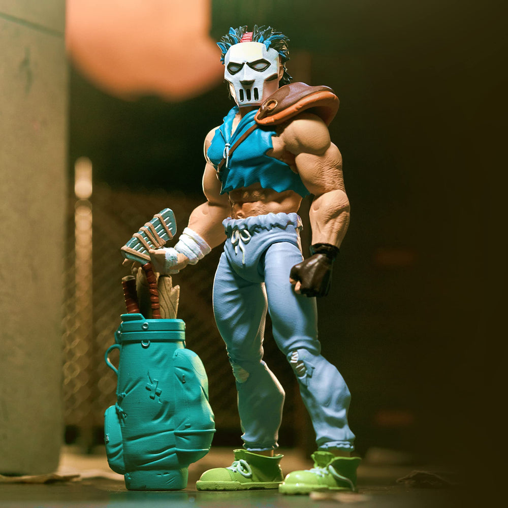 Super7 Casey Jones with hockey net weapons rack for dynamic TMNT setups.