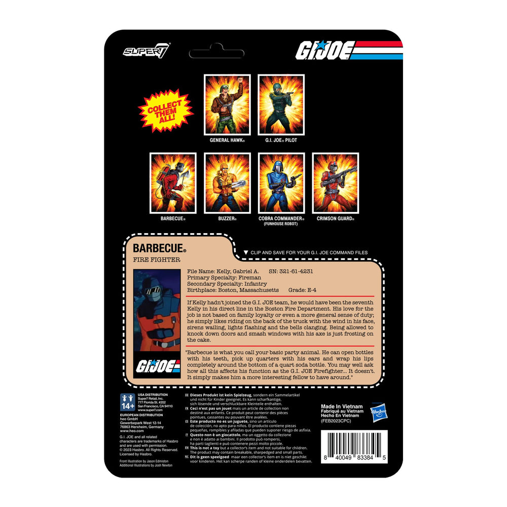 3.75-inch scale Super7 G.I. Joe Barbecue figure ideal for shelves.