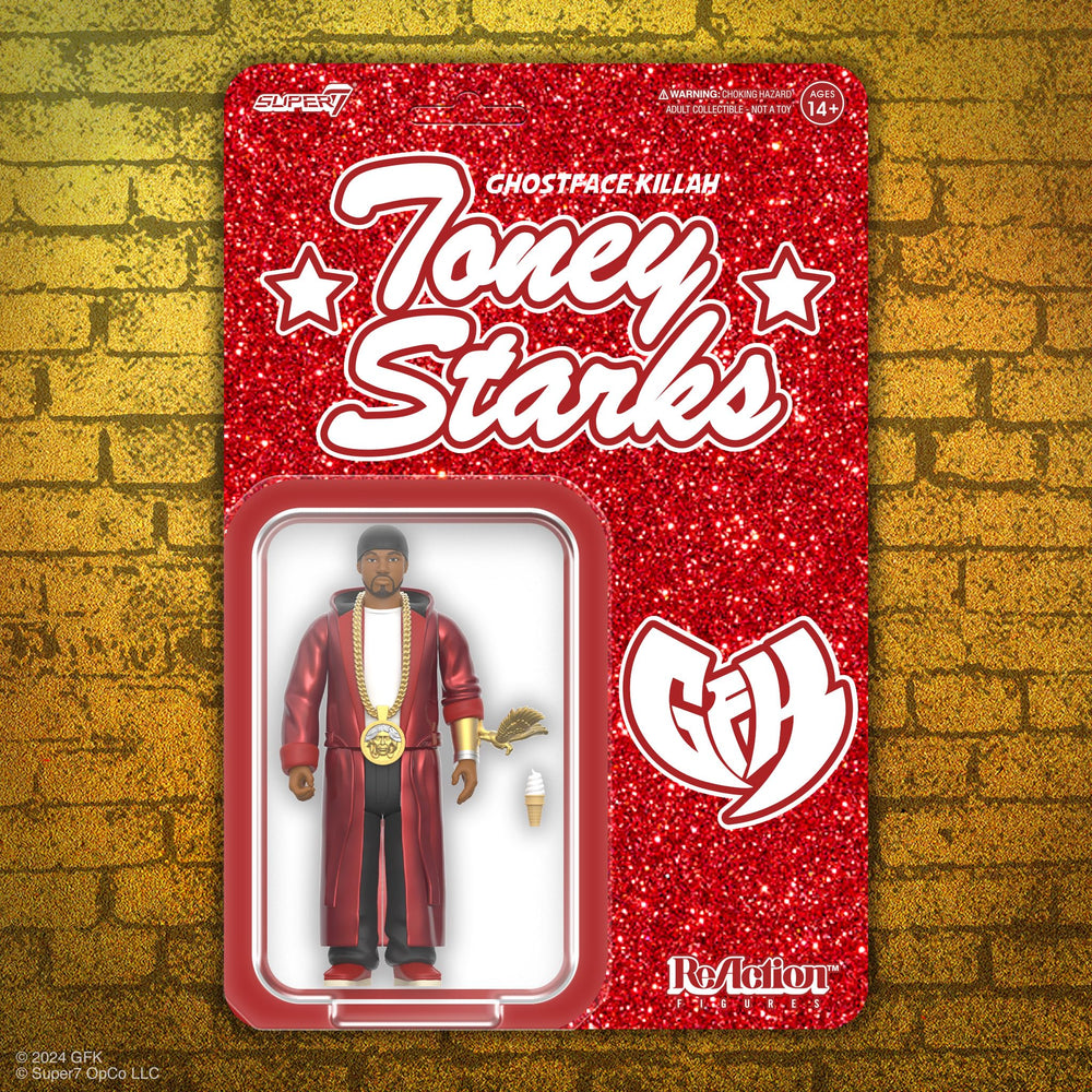 Super7 Ghostface Killah Toney Starks glitter cardback enhances retro packaging.