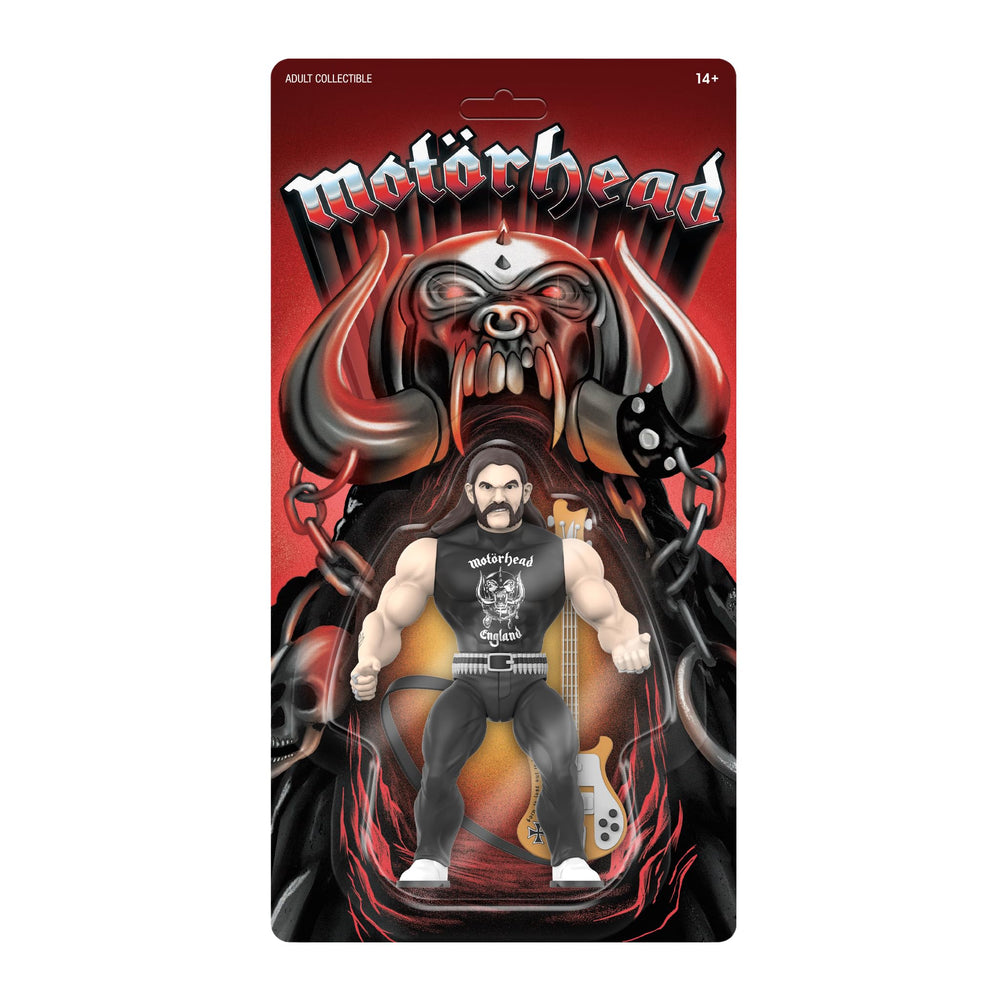 Super7 Lemmy Vintage figure front view with bass guitar for display and collection.