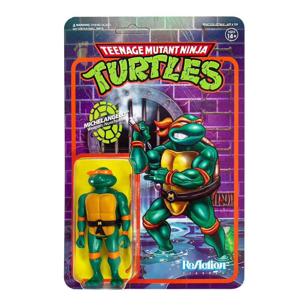 Super7 Michelangelo ReAction figure cardback inspired by classic 80s cartoon.