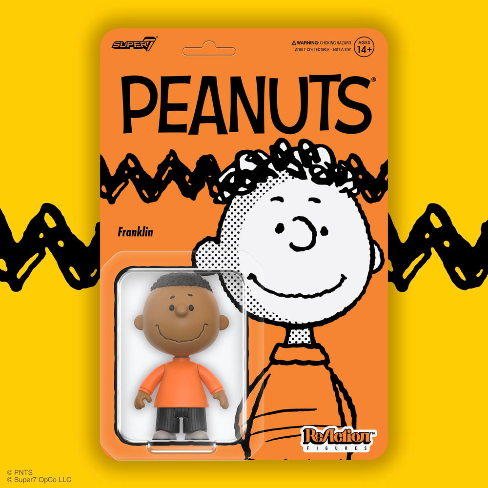 Side-view of Super7 Peanuts Franklin ReAction figure, ideal for display dioramas.