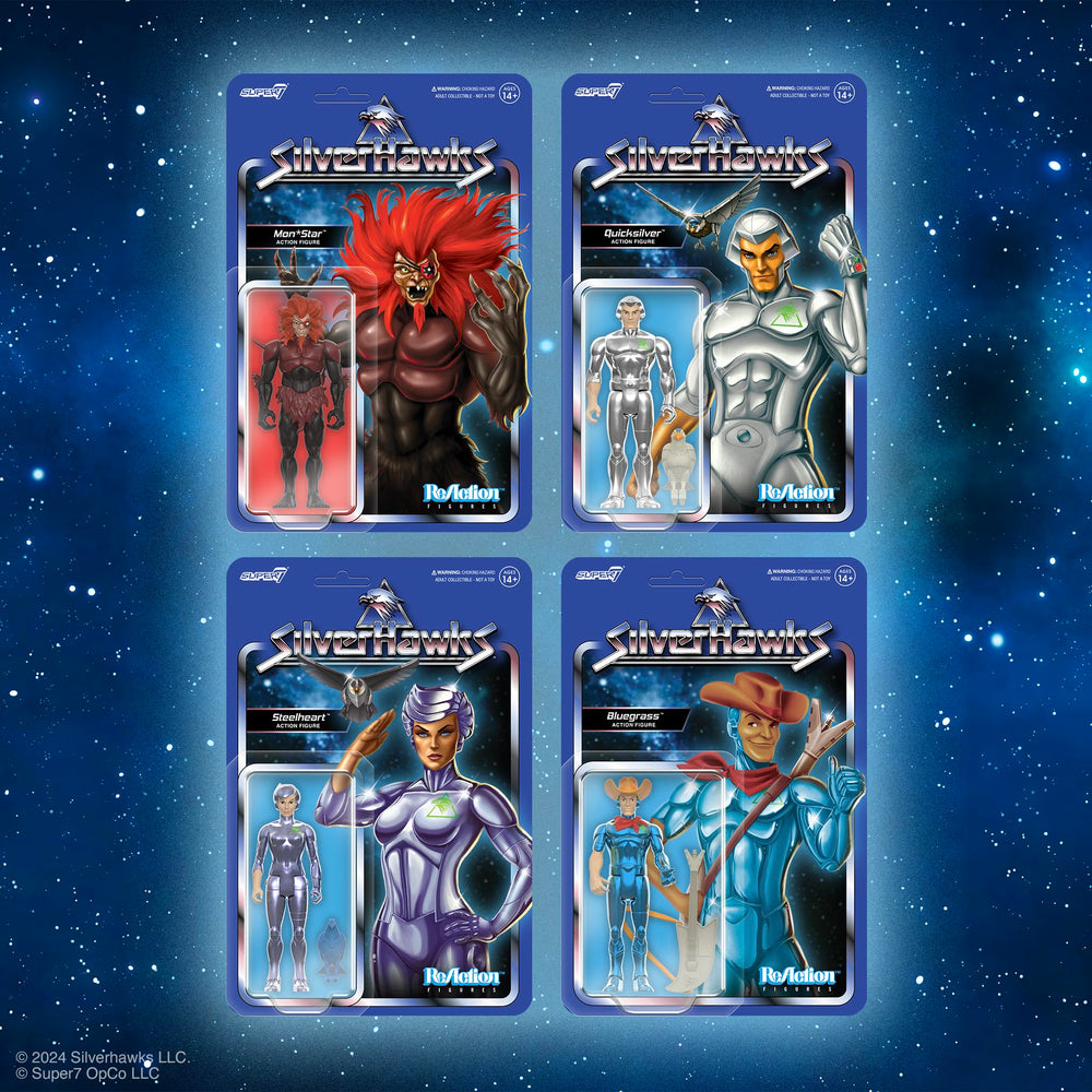 Super7 SilverHawks Mon*Star retro lineup figure complements classic toy shelf.