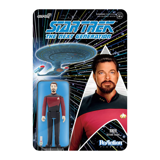 Super7 Commander Riker figure in red uniform ready for display and collection.