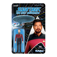 Super7 Commander Riker figure in red uniform ready for display and collection.