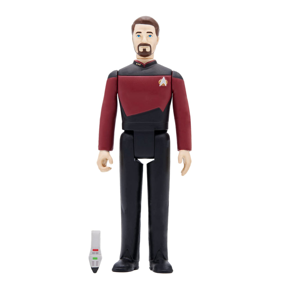 Super7 Star Trek TNG Riker phaser accessory enhances pose-ready scene recreations.