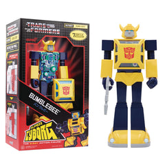 Super7 Super Cyborg Bumblebee front view highlights bold G1 paint for display and collection.