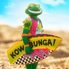 Super7 TMNT Sewer Surfer Michelangelo 375-scale figure fits neatly in compact displays.