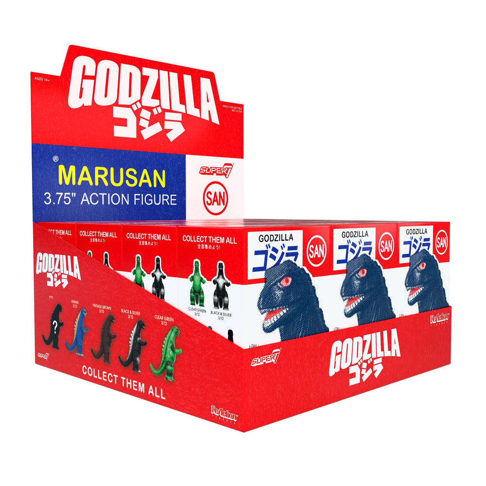Super7 Toho Marusan Godzilla blind box 12-pack front view, ideal for display among retro kaiju collectibles.