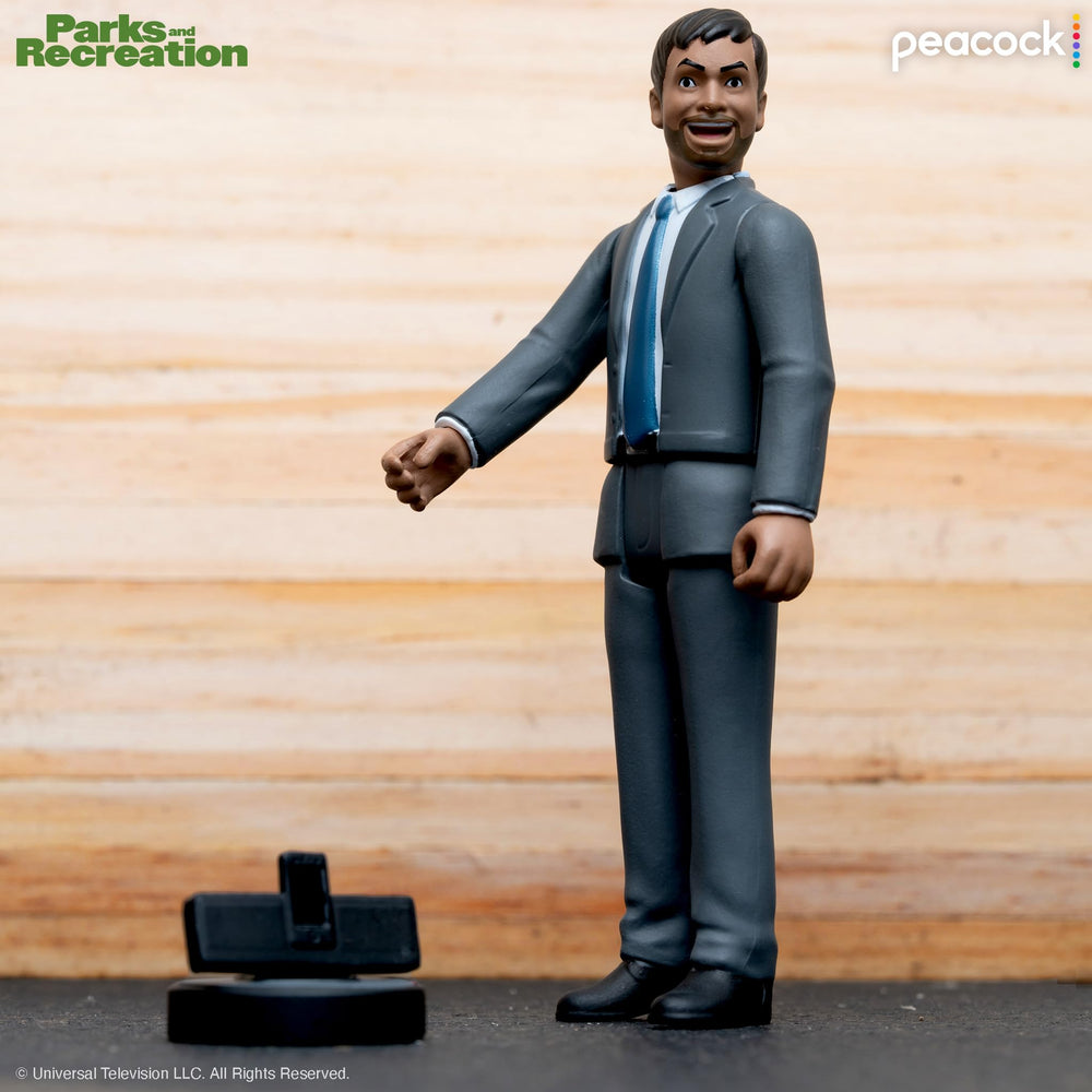 Close-up of Tom Haverford figure highlighting articulation and pose options.