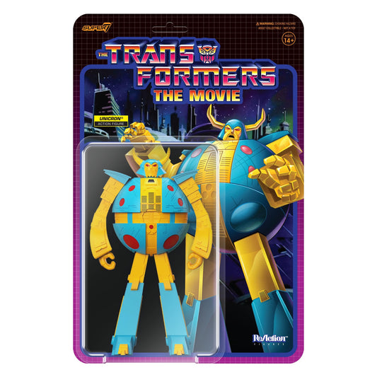 Super7 Unicron prototype figure with vintage card art for display and nostalgia.