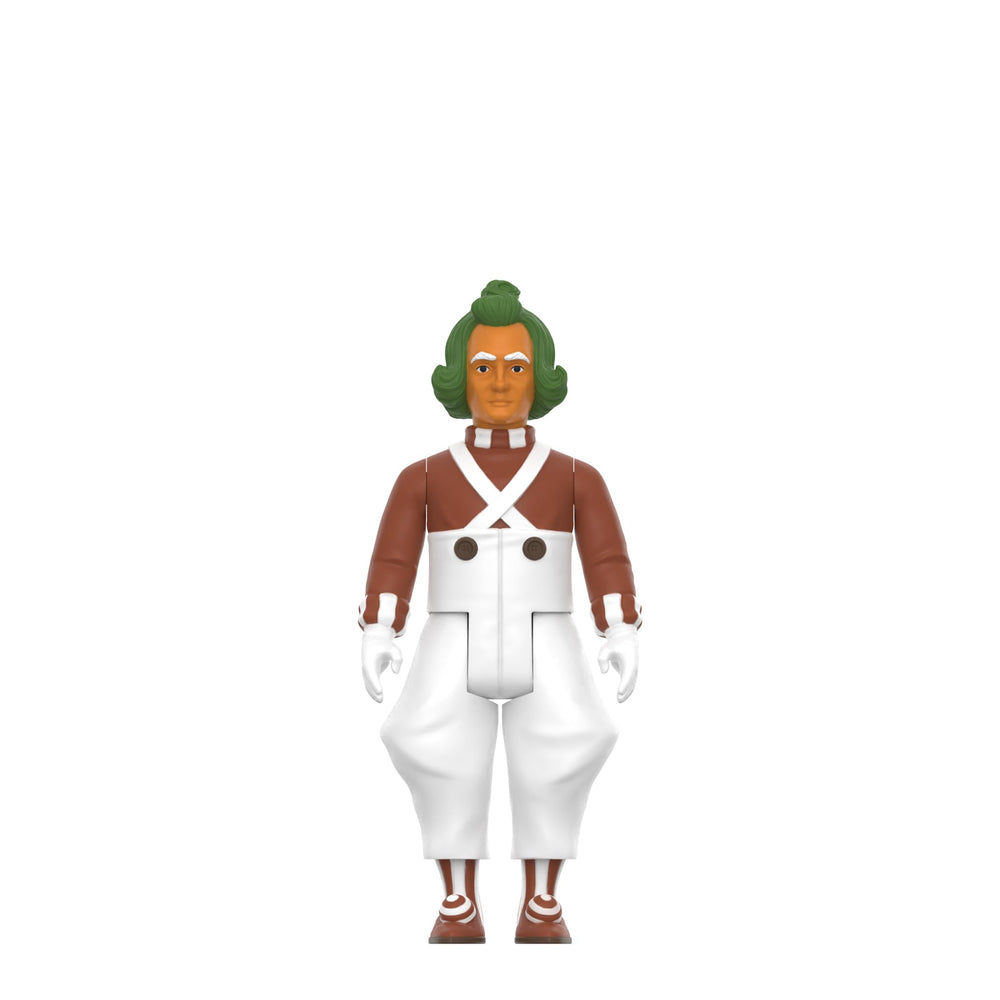 Detail shot of the brown shirt and white overalls on the Oompa Loompa.