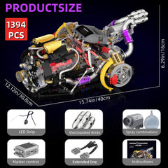 Suplanet V8 engine blocks with spray-light effect highlighting engine visuals