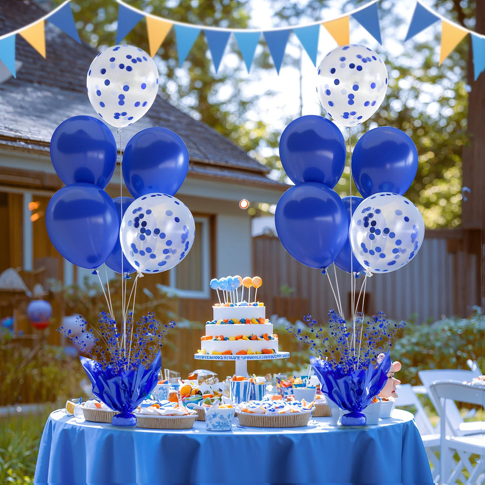 Suppromo royal blue balloon sticks and connectors enable adjustable height.