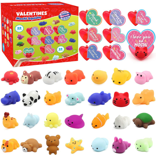 SURCVIO 28-pack valentines squishies with heart cases, ideal for classroom prizes.