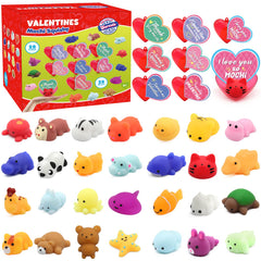 SURCVIO 28-pack valentines squishies with heart cases, ideal for classroom prizes.