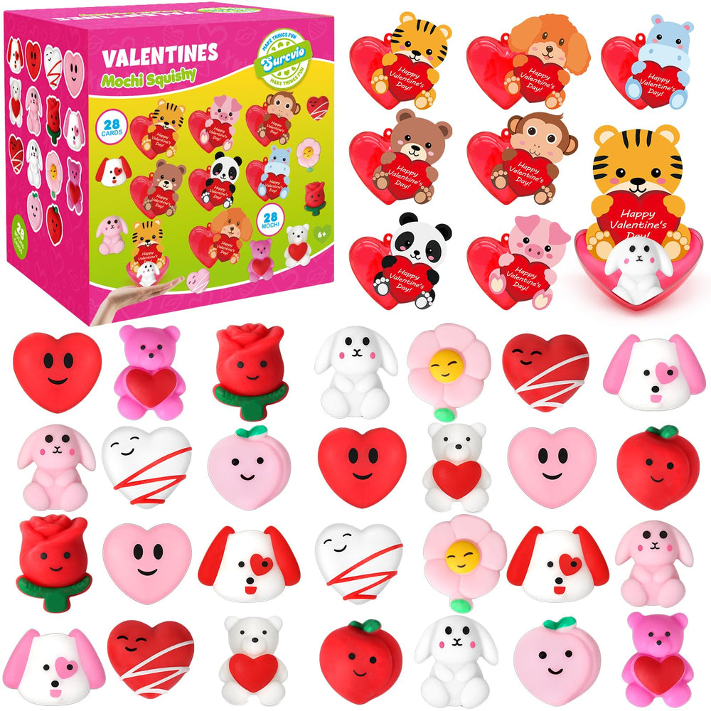 SURCVIO Valentine mochi squishies 28-pack for kids' playful stress relief.