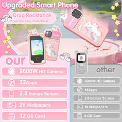 Surelect Kids Smart Phone pink screen demo showing educational apps and games.