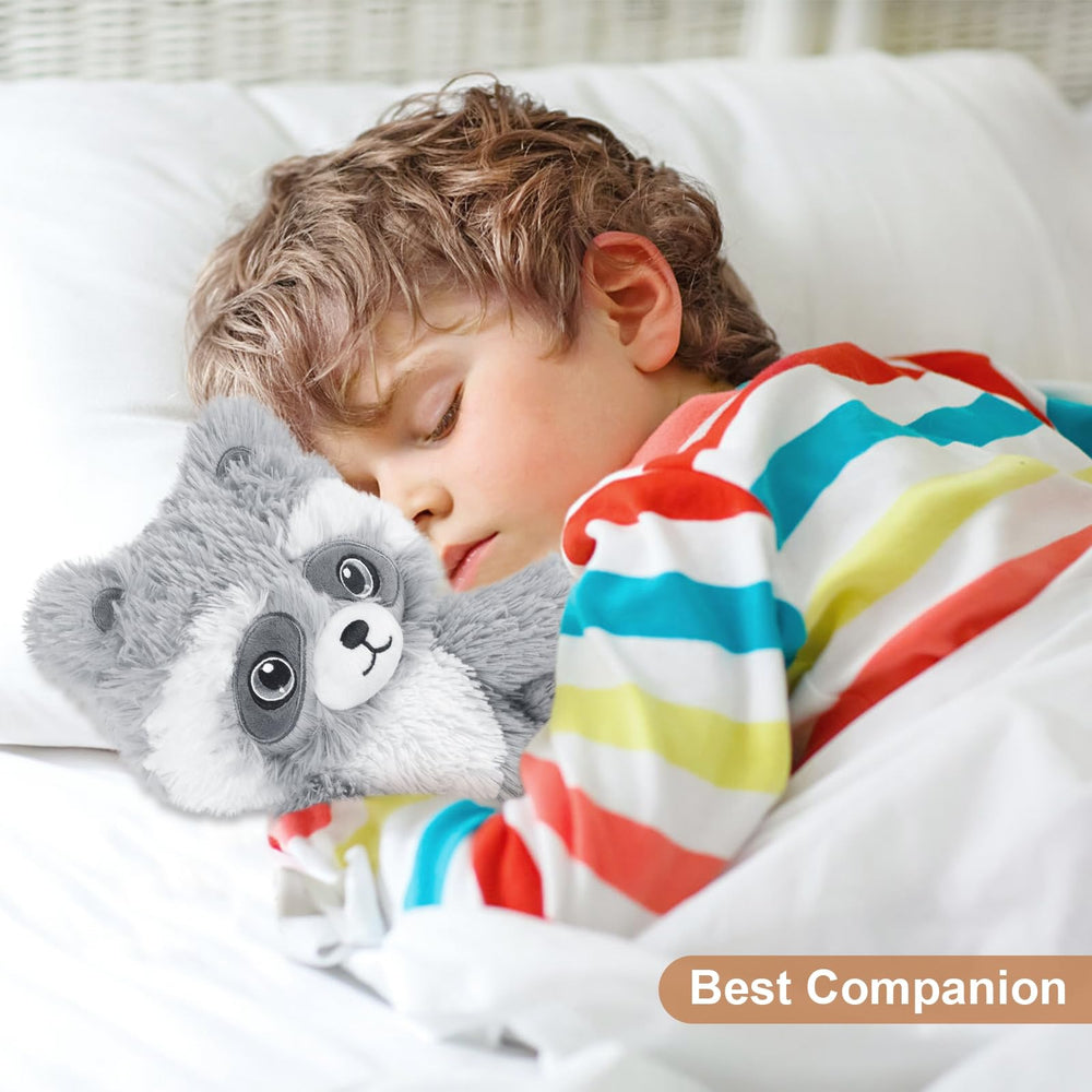 SuzziPals embroidery-eyed raccoon plush emphasizes quality craftsmanship during snuggle time.