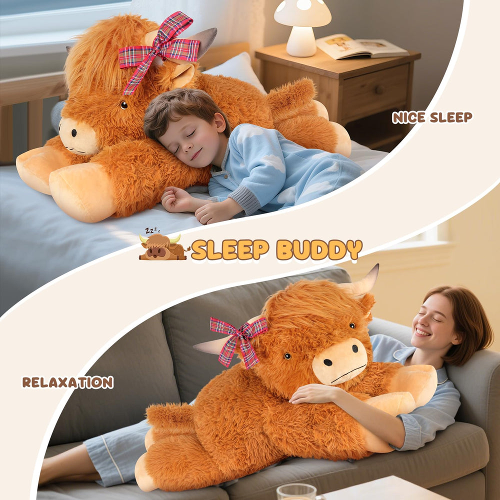 SuzziPals Highland Cow plush in a hugging pose great for cozy moments