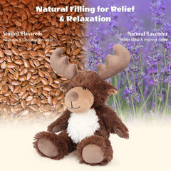 SuzziPals microwavable moose plush delivers even heat for targeted comfort.