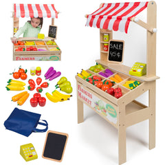 Svan wooden farmers market stand encourages imaginative pretend play.