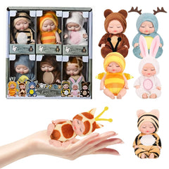 SwankyStyle 6-pcs mini baby dolls with animal clothes in a gift box.