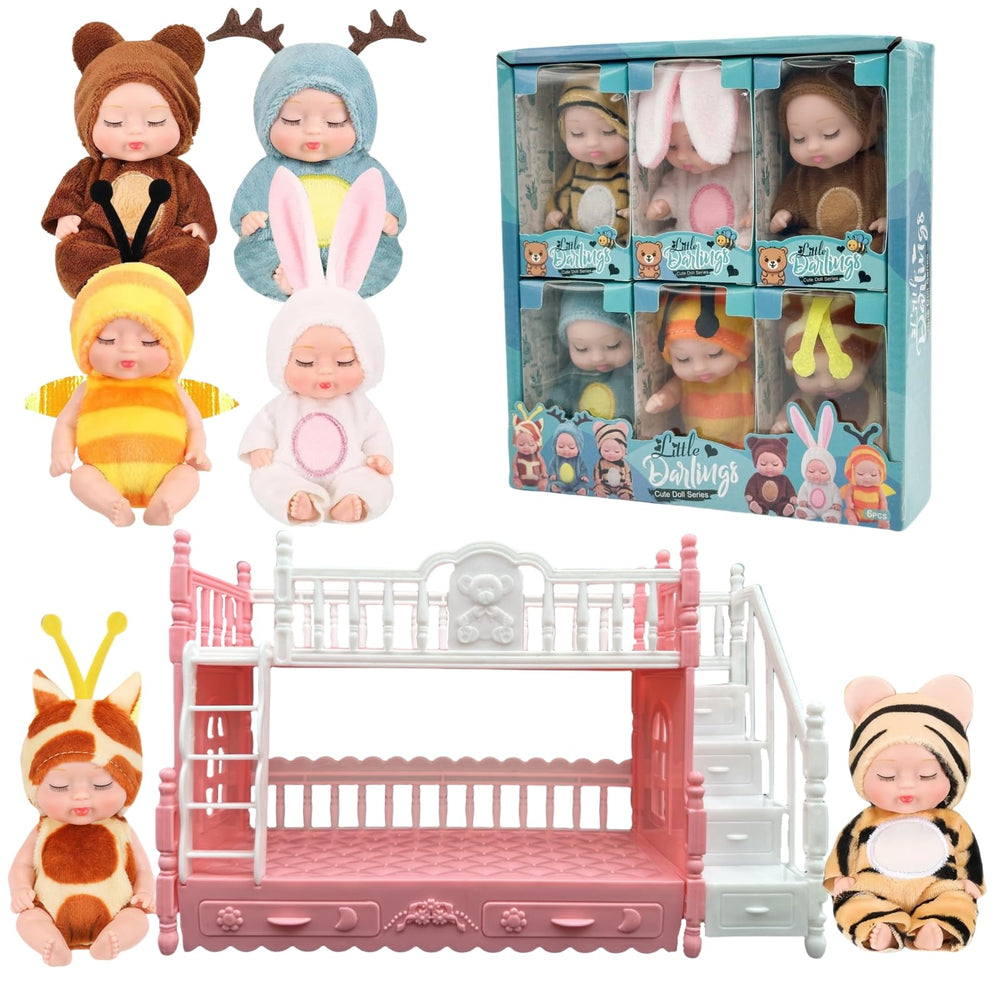 SwankyStyle mini dolls with animal outfits on a bunk bed, perfect for imaginative play.
