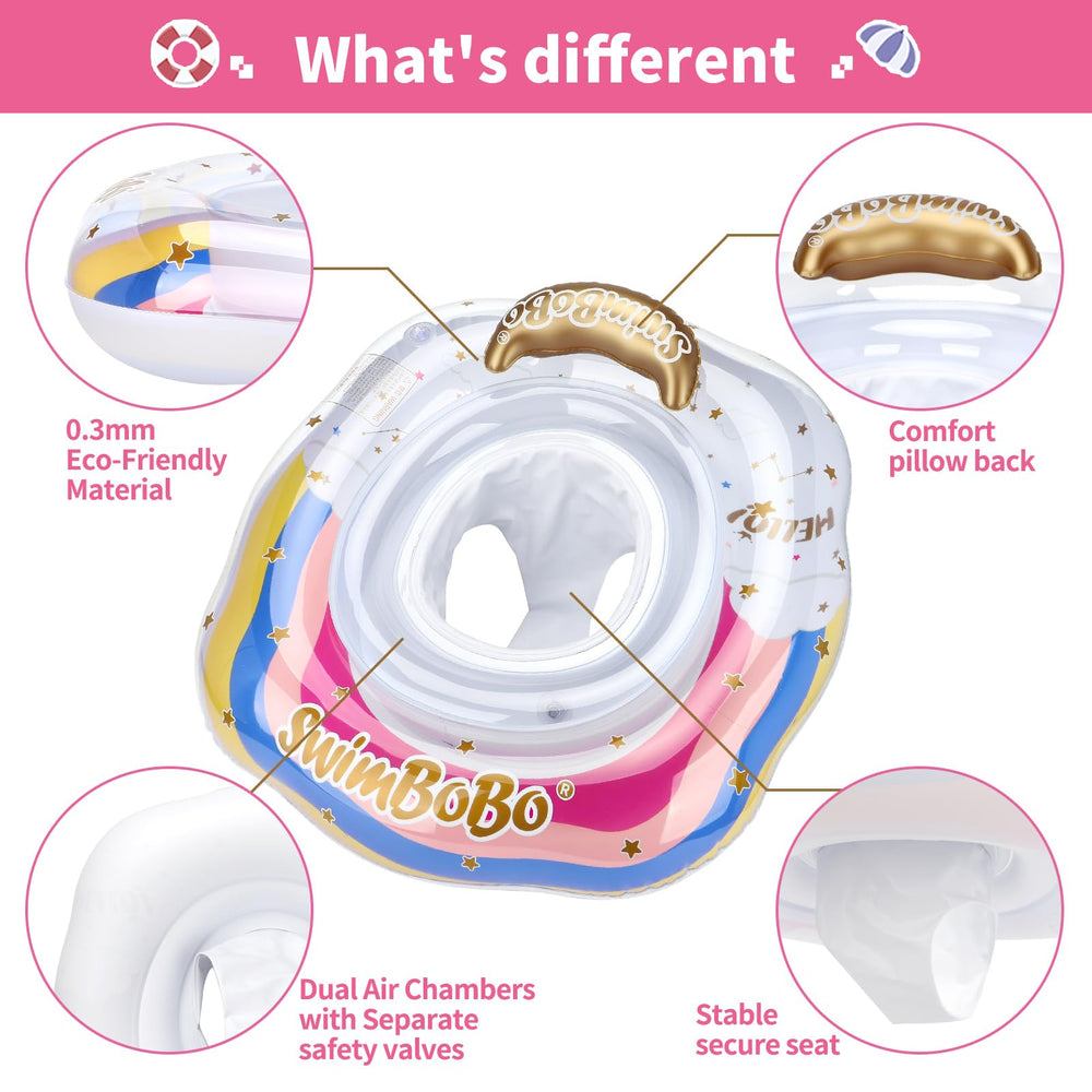 Swimbobo rainbow float with quick valves for fast inflation and deflation.