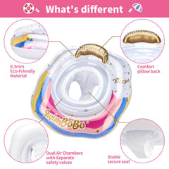 Swimbobo rainbow float with quick valves for fast inflation and deflation.