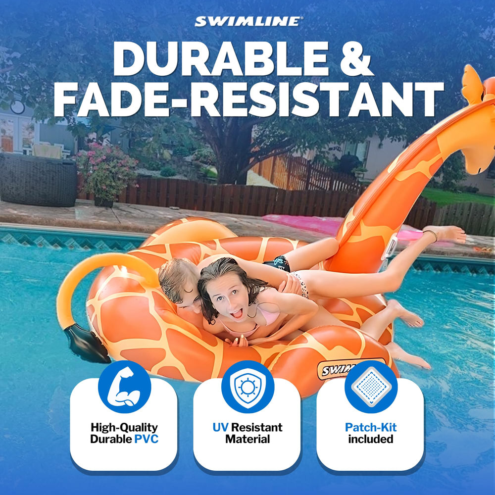 Swimline 90710 ride-on giraffe with stable legs for balanced pool fun.