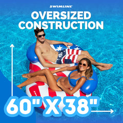 Swimline Americana Conversation Double Ring measures 65 by 42 inches for ample lounging space.
