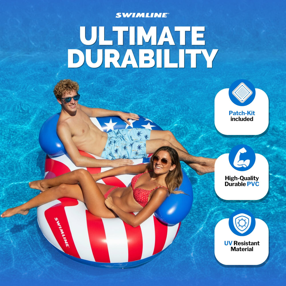 Swimline Americana Conversation Double Ring includes patch kit for quick repairs after sunny days.