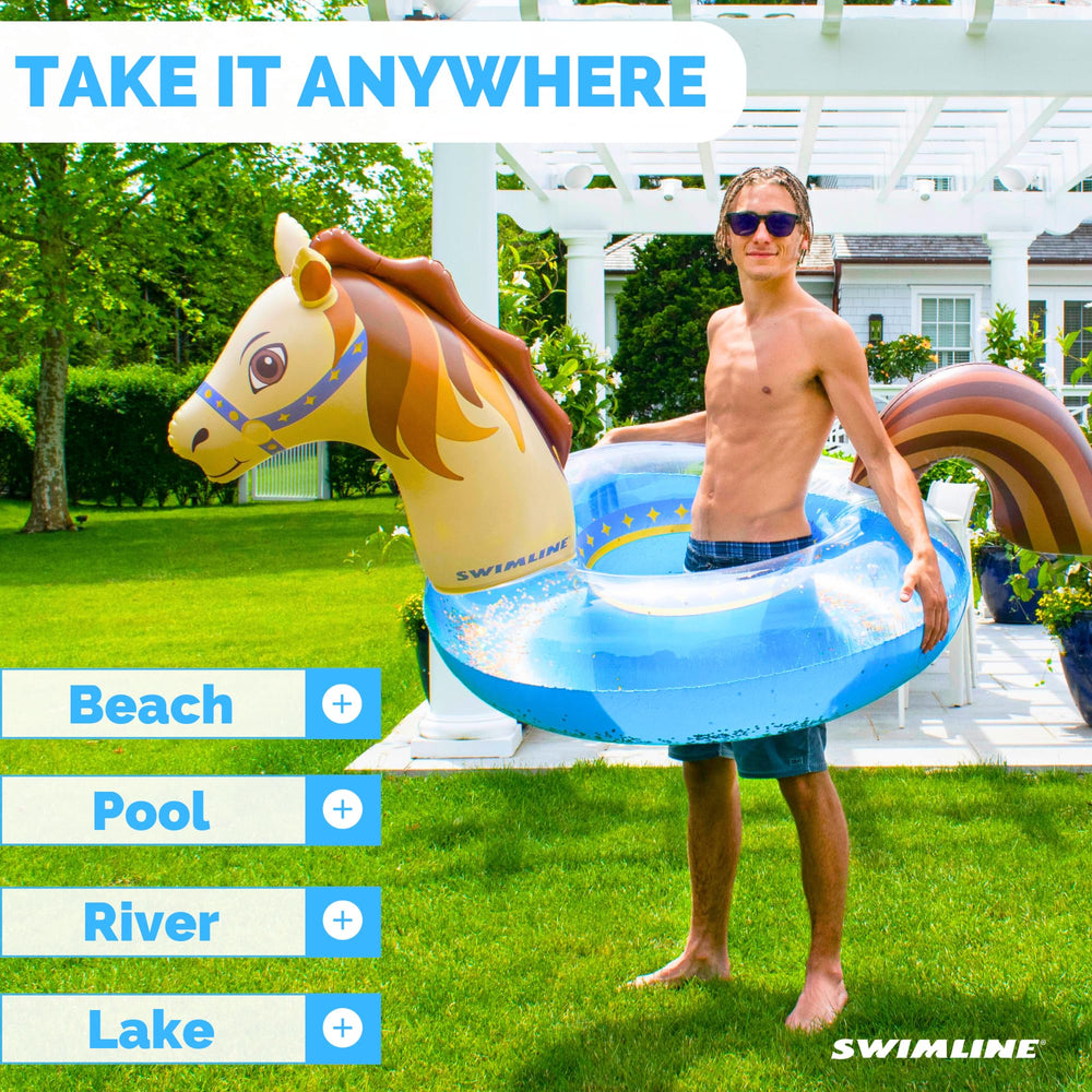 Swimline Glitter Hobby Horse pool ring backrest feature in use